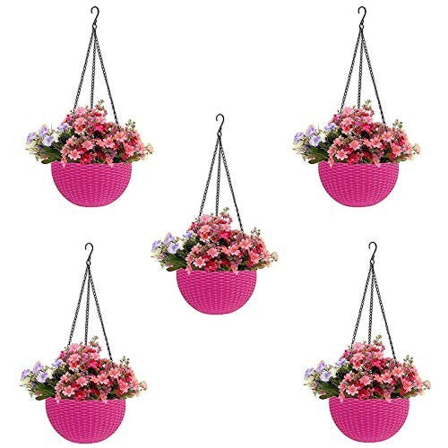 GoHooked pink plastic hanging flower pot with woven texture and chain, filled with pink and purple flowers.