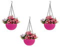 GoHooked set of 3 pink plastic hanging flower pots with woven texture, filled with pink and purple artificial flowers.