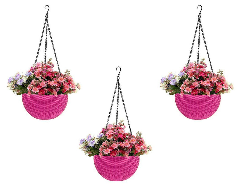 GoHooked set of 3 pink plastic hanging flower pots with woven texture, filled with pink and purple artificial flowers.