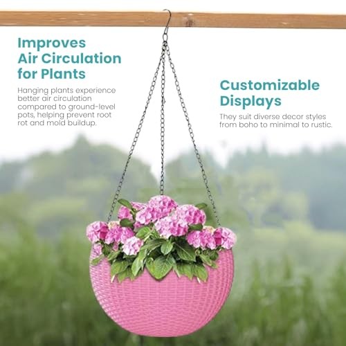 GoHooked pink plastic hanging planter with woven texture, 7.1 inch diameter, holding pink flowers.
