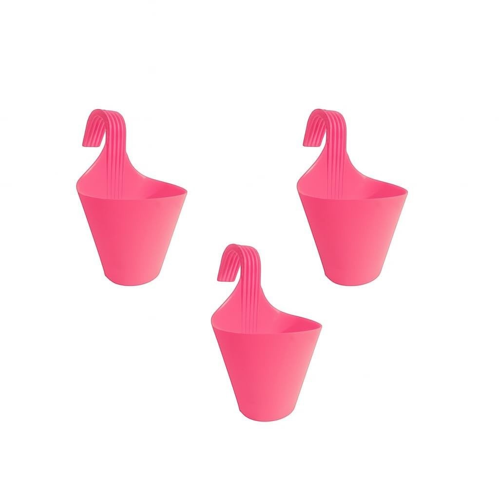 GoHooked pink plastic hanging planters for railings, set of 3. BPA-free polypropylene.