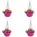 GoHooked pink plastic hanging pot with woven texture, filled with pink and purple flowers. Set of 4.