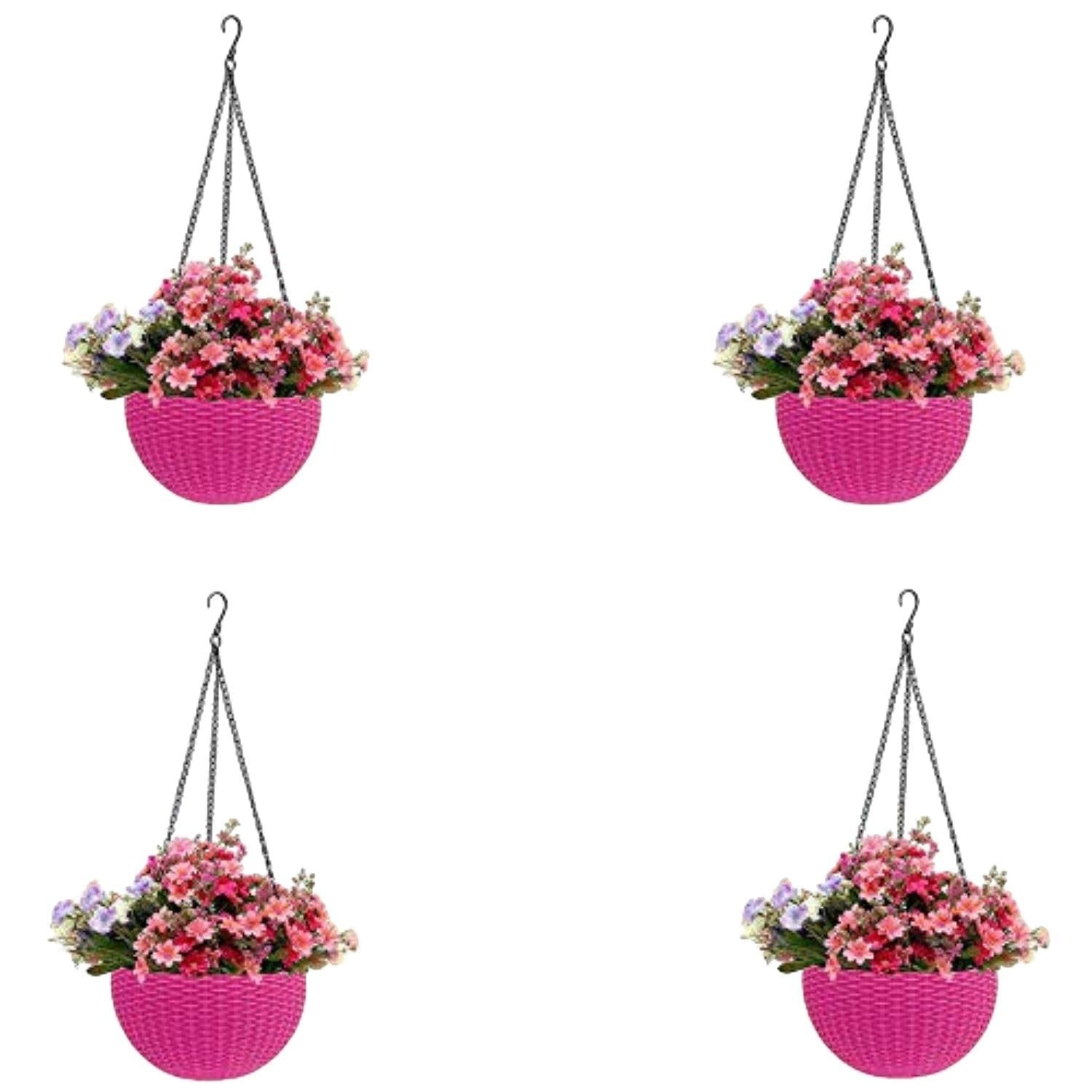 GoHooked pink plastic hanging pot with woven texture, filled with pink and purple flowers. Set of 5.