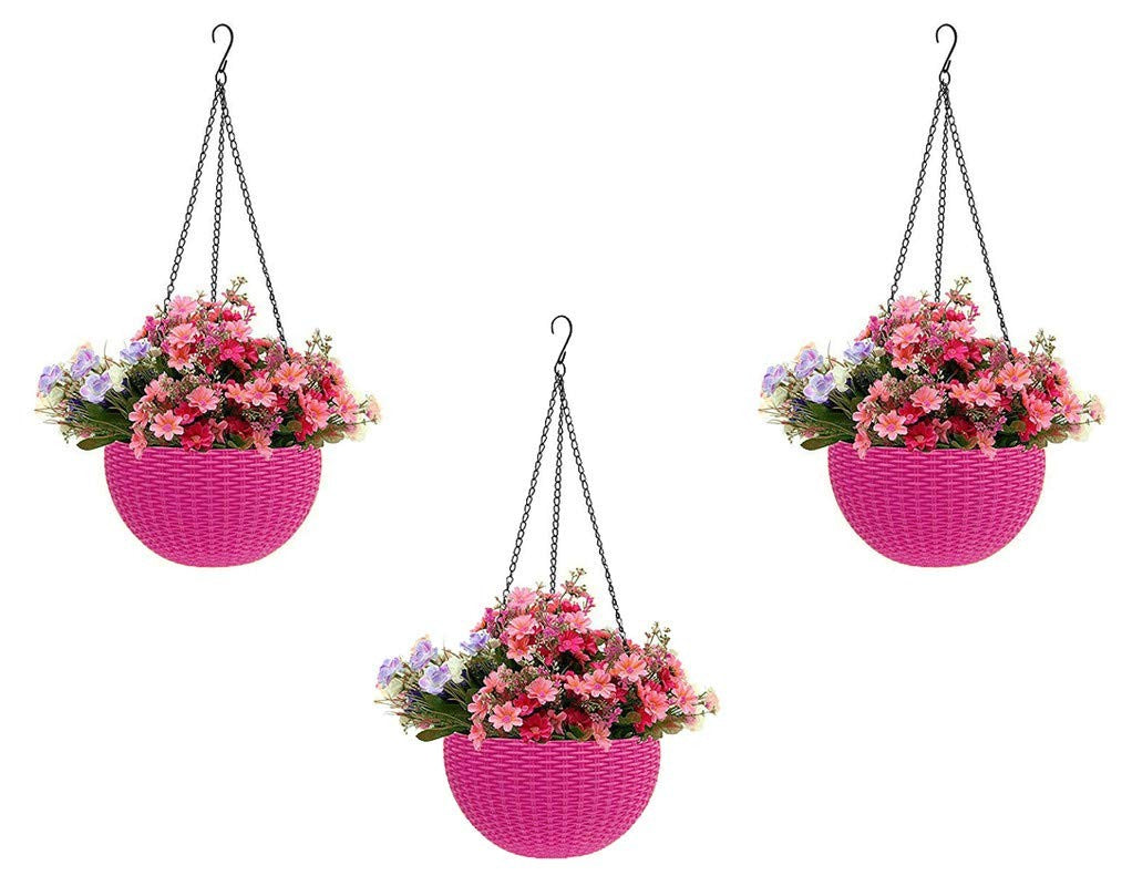 GoHooked pink plastic hanging pot with woven texture, filled with pink and purple flowers. Set of 5.