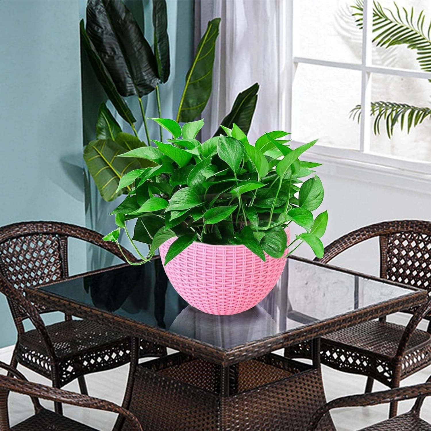 Go Hooked pink plastic hanging pot with woven texture, 7.1 inch diameter, for indoor/outdoor use.