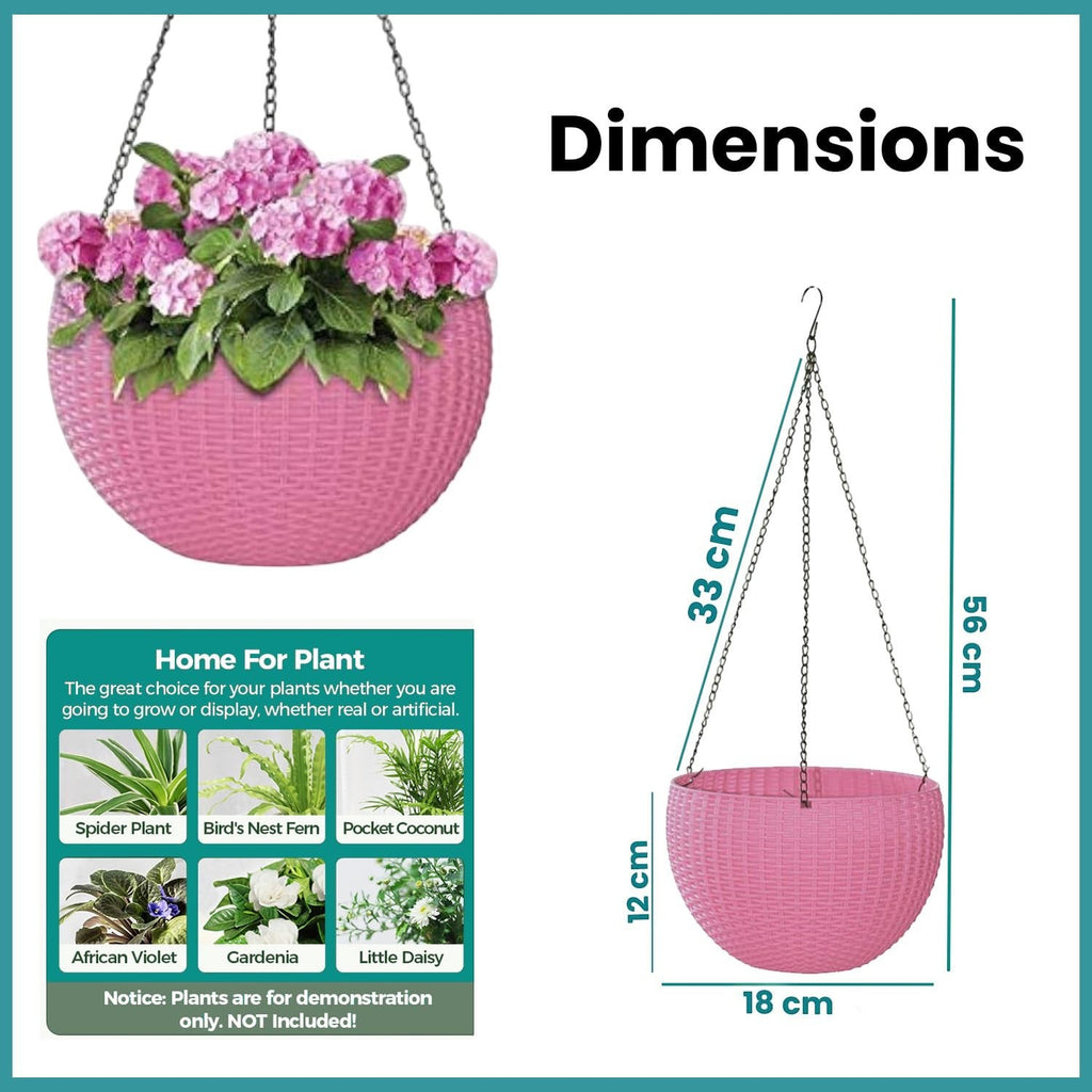 GoHooked pink plastic hanging pot with woven texture, 7.1 inch diameter, 4.8 inch height, 13 inch chain. Set of 9.