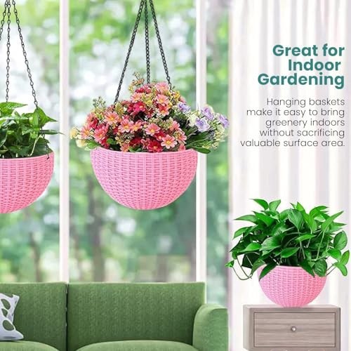 GoHooked pink plastic hanging pot with woven texture, 7.1 inch diameter, filled with flowers.