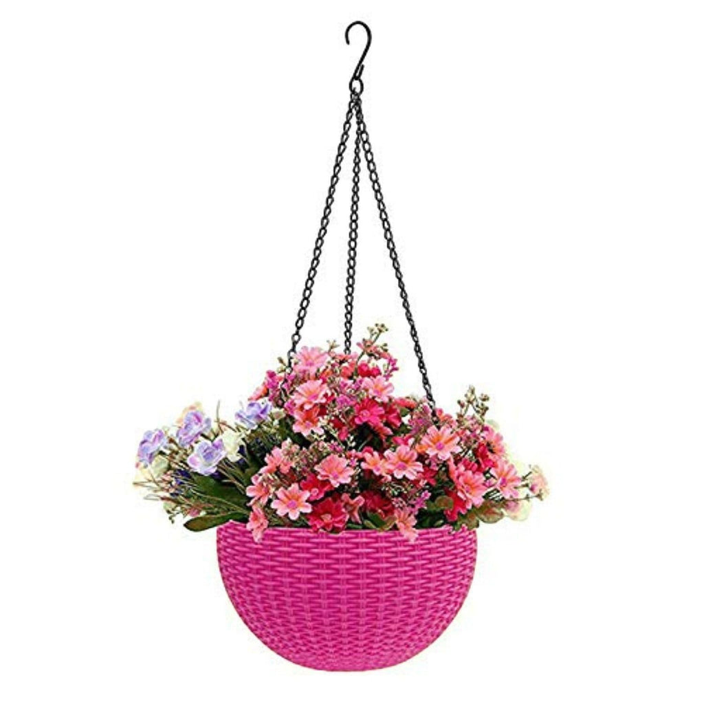 GoHooked pink plastic hanging pot with woven texture, 7.1 inch diameter, filled with pink and purple flowers.