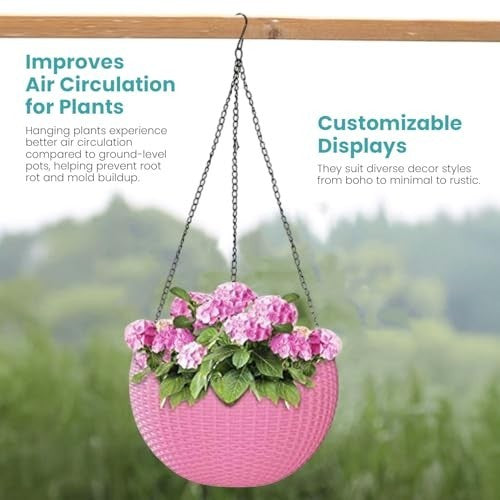 GoHooked pink plastic hanging pot with woven texture, filled with pink flowers and green leaves. Improves air circulation.
