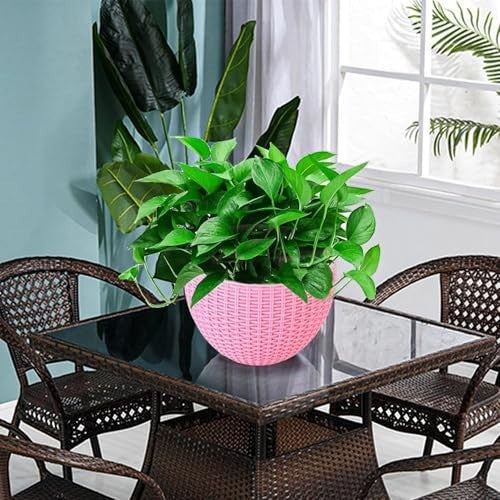 GoHooked pink plastic hanging pot with woven texture, 7.1 inch diameter, set of 9.