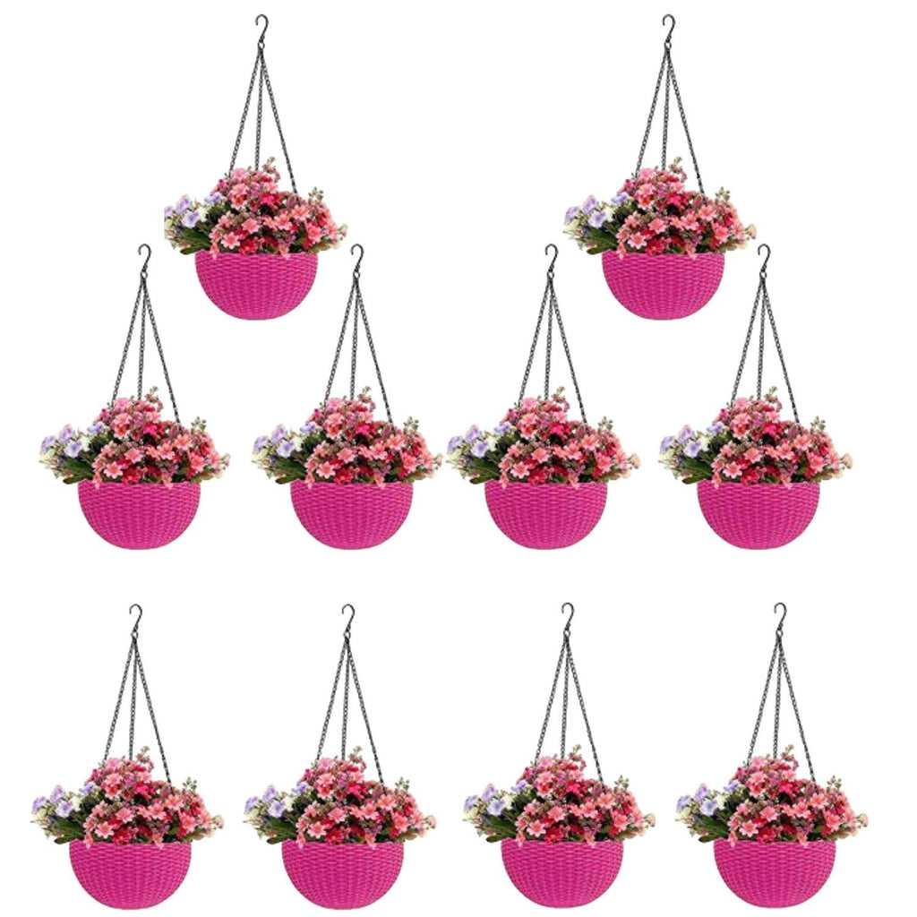 GoHooked pink plastic hanging pots with woven texture, 7.1 inch diameter, filled with pink and purple flowers. Set of 10.