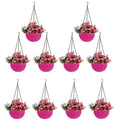 GoHooked pink plastic hanging pots with woven texture, 7.1 inch diameter, filled with pink and purple flowers. Set of 10.