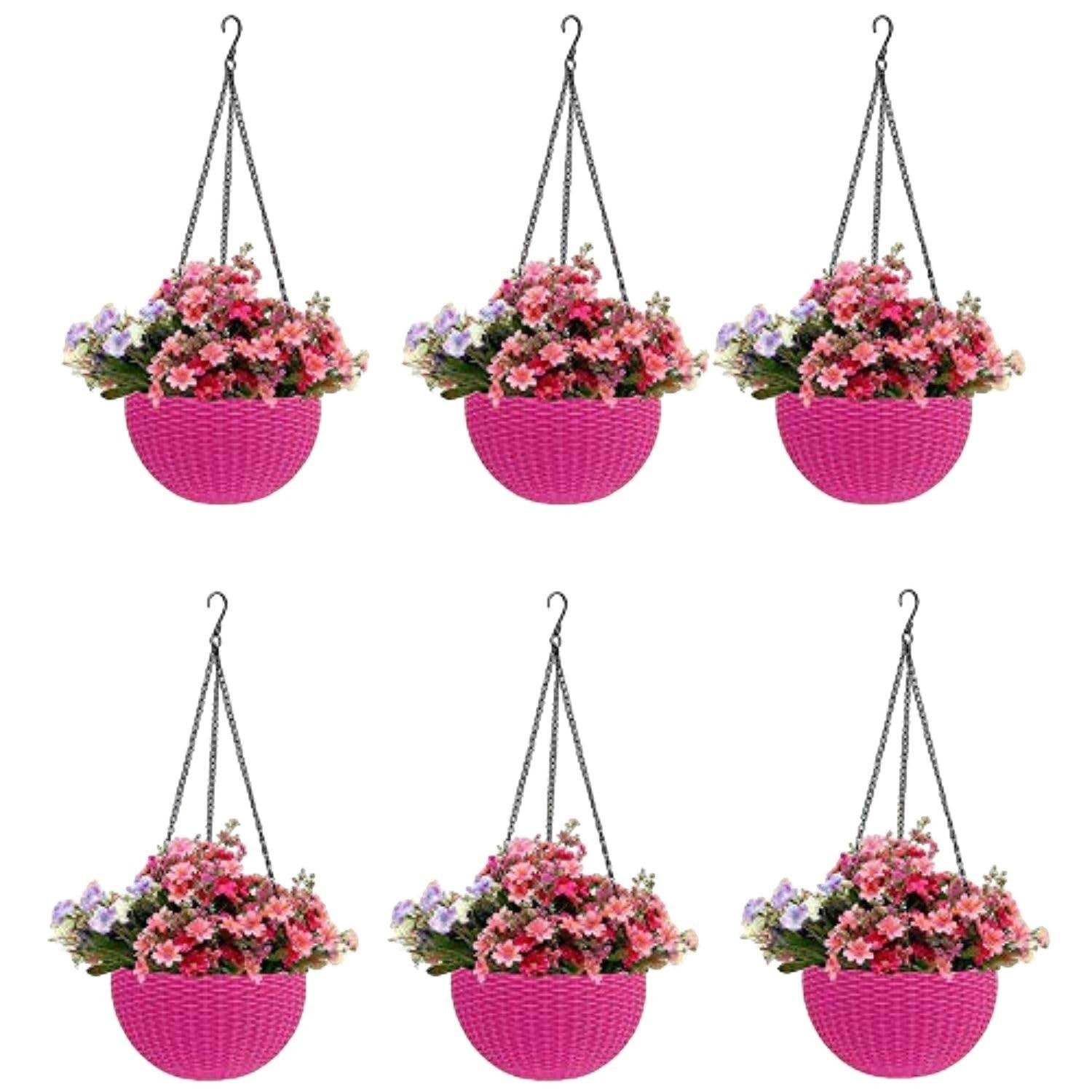 GoHooked set of 5 pink plastic hanging pots with woven texture, filled with pink and purple artificial flowers.