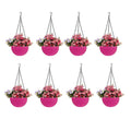 GoHooked pink plastic hanging pots with woven texture, 7.1 inch diameter, filled with pink and purple flowers. Set of 8.