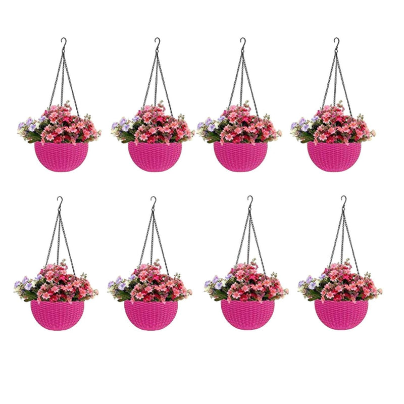 GoHooked pink plastic hanging pots with woven texture, 7.1 inch diameter, filled with pink and purple flowers. Set of 8.