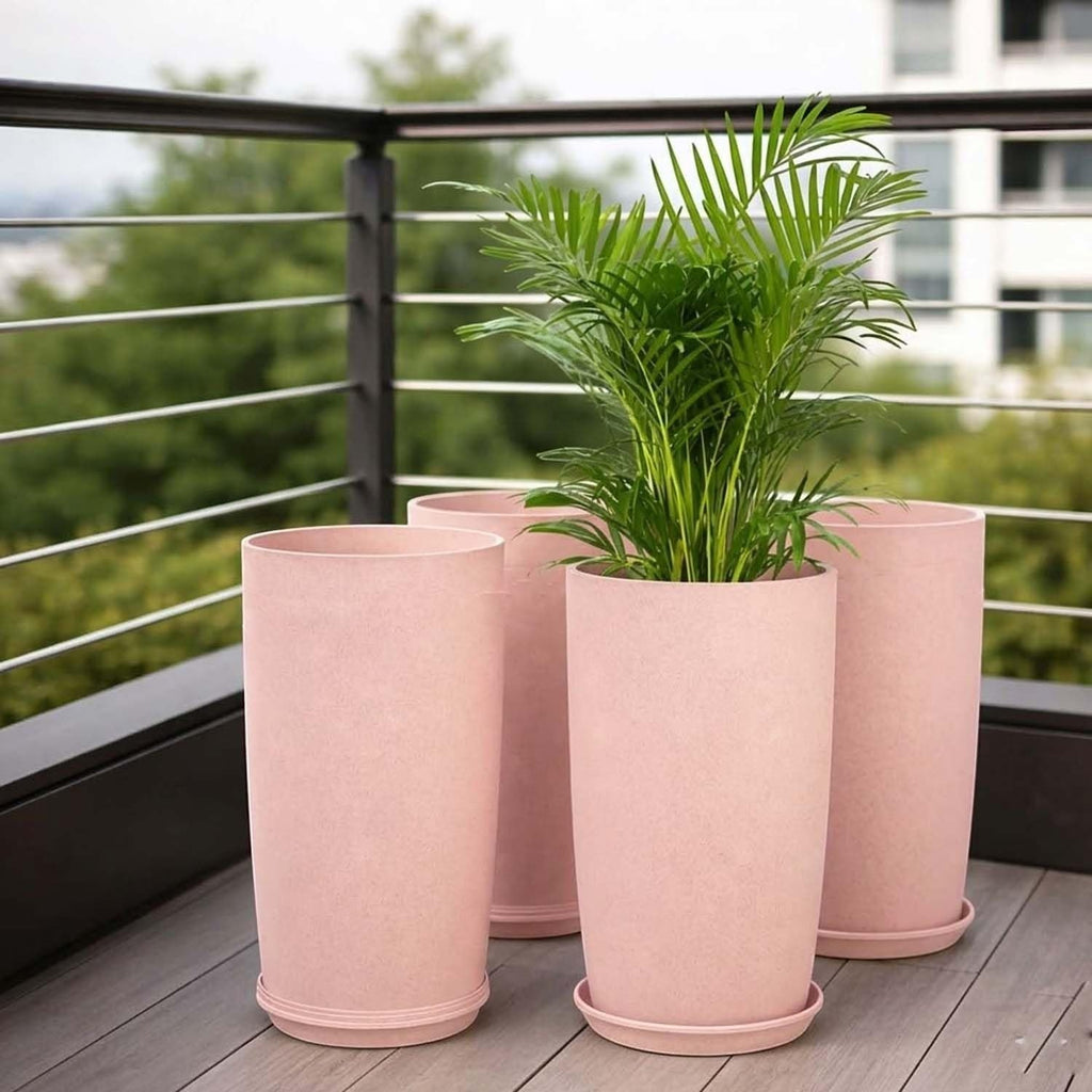 GoHooked set of 3 pink plastic Jasmine garden planters with saucers. UV resistant, ideal for indoor/outdoor use.