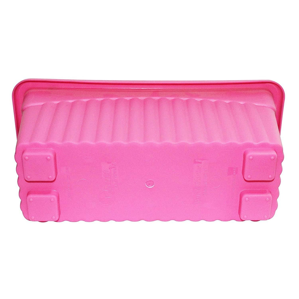 Go Hooked rectangular plastic plant pot, pink, with fluted sides and four square feet.