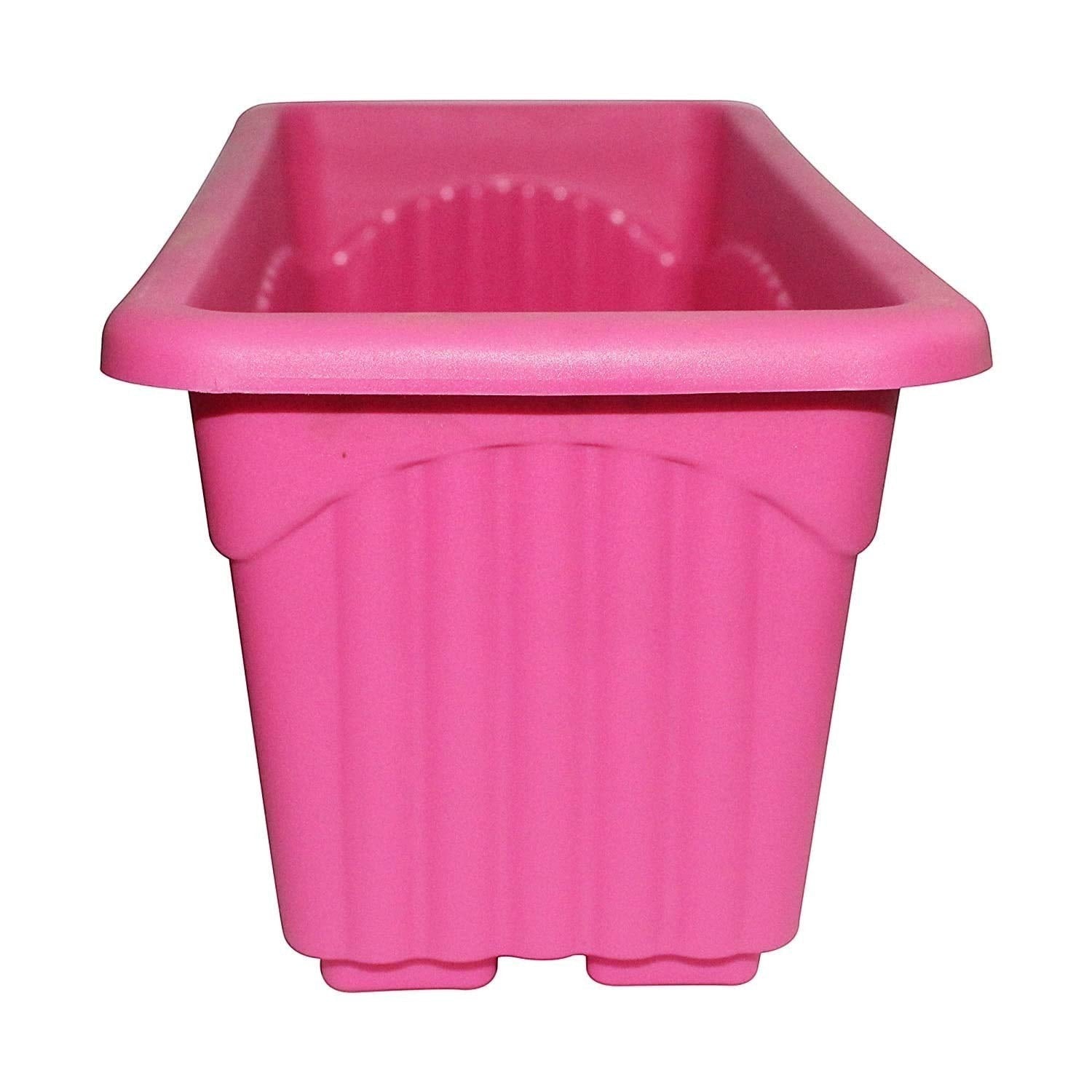 Go Hooked set of 6 rectangular pink plastic plant pots with fluted sides and a wide rim. Ideal for indoor or outdoor use.