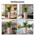 GoHooked pink 18-inch tall, lightweight plastic planter with saucer tray. Modern design, ideal for indoor/outdoor use.