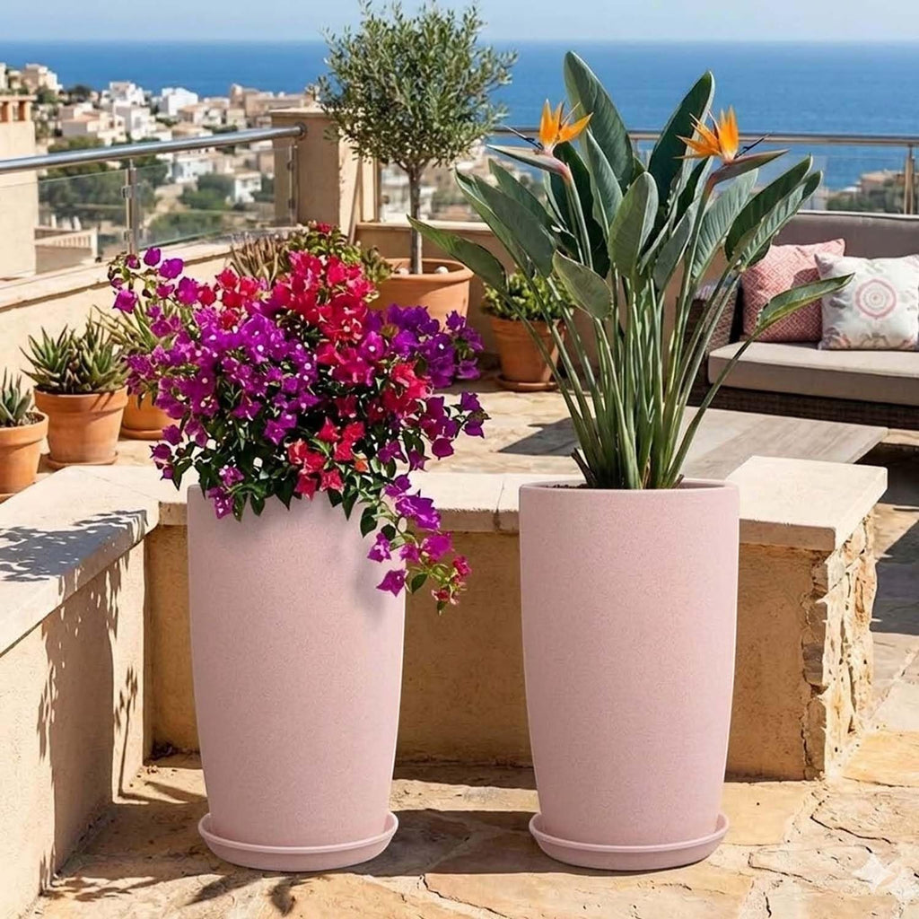 GoHooked set of 3 pink plastic planters with saucers, perfect for indoor/outdoor gardens. Holds bougainvillea and bird of paradise.