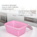 Go Hooked pink plastic storage basket with zip net cover for fruits and vegetables.