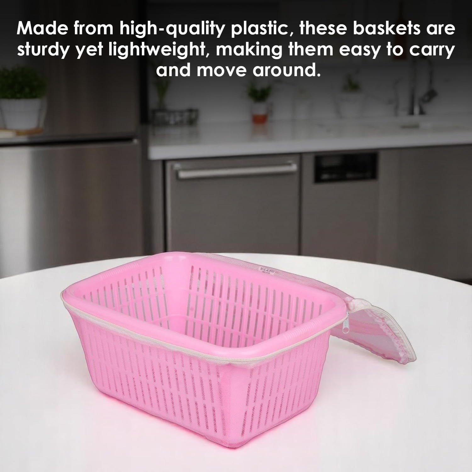 GoHooked pink plastic storage basket with zip net cover, ideal for fruits and vegetables.
