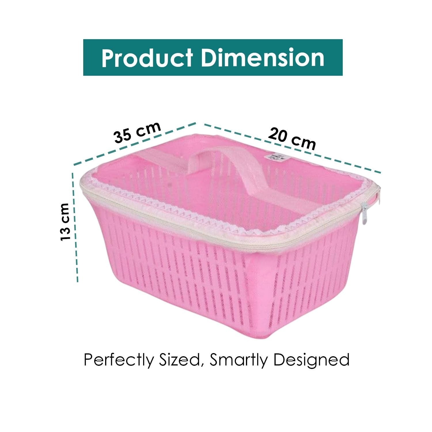 GoHooked pink plastic storage basket with zip net cover, 35x20x13 cm. Ideal for fruits, vegetables, or gifts.