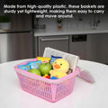 GoHooked pink plastic storage basket with zip net cover, holding snacks, apples, toys, and a newspaper.