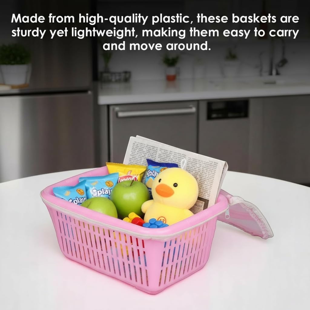 GoHooked pink plastic storage basket with zip net cover, holding snacks, apples, toys, and a newspaper.