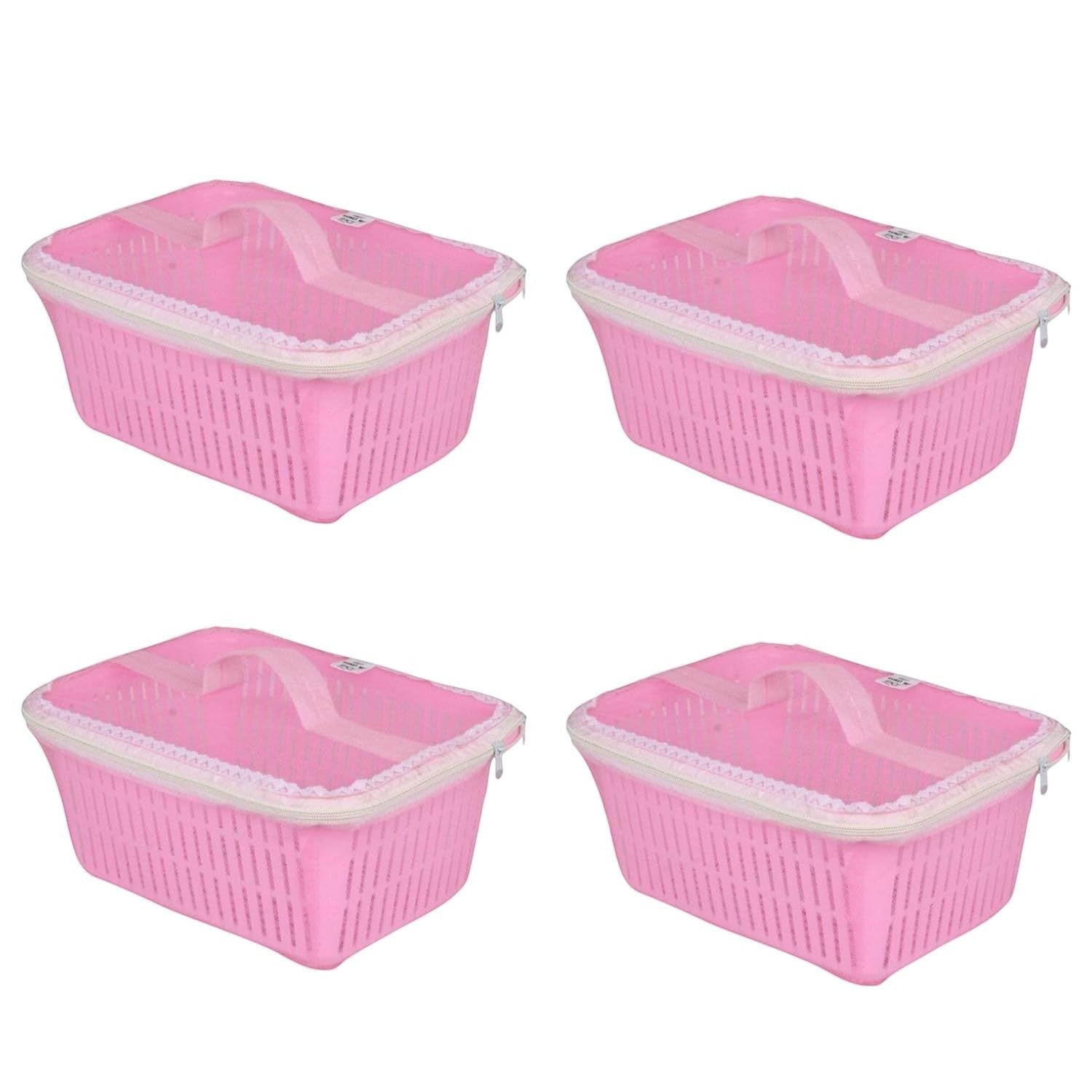 GoHooked pink plastic storage basket with zip net cover, ideal for fruits, vegetables, or gifts.