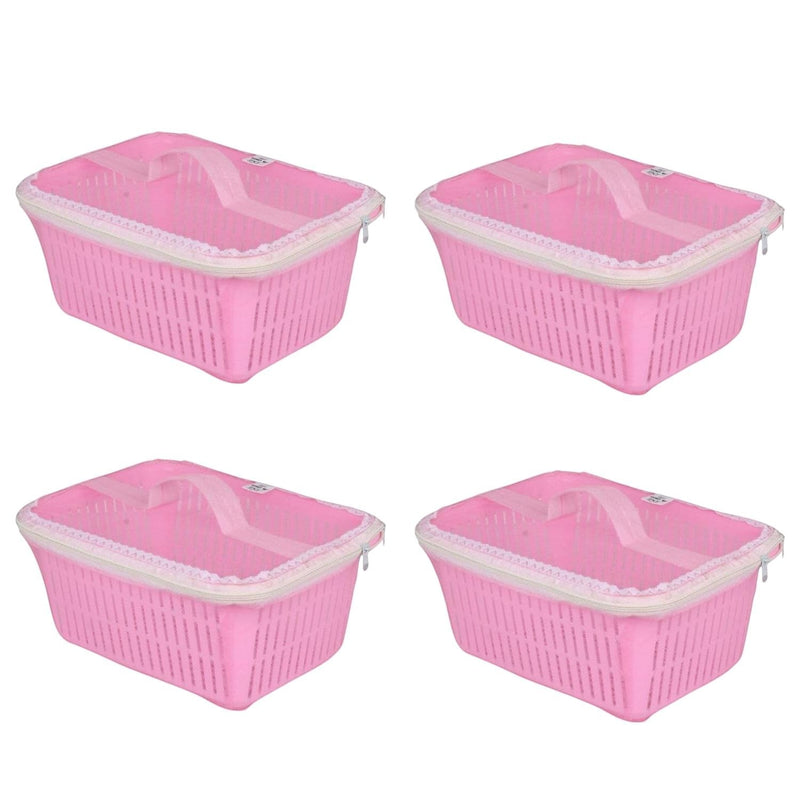 GoHooked pink plastic storage basket with zip net cover, ideal for fruits, vegetables, or gifts.