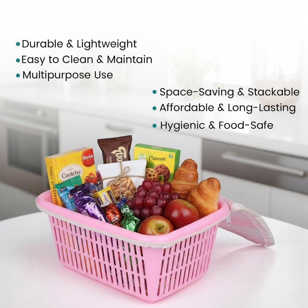 Go Hooked pink plastic multipurpose storage basket with zip net cover filled with fruits and snacks.