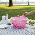 Go Hooked pink plastic storage basket with zip net cover, ideal for picnics and food storage.