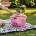 Go Hooked pink plastic storage basket with zip net cover, ideal for picnics and food organization.