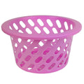 Go Hooked pink plastic storage basket with oval cutouts and a zip-up net cover for breathable, insect-proof food storage.