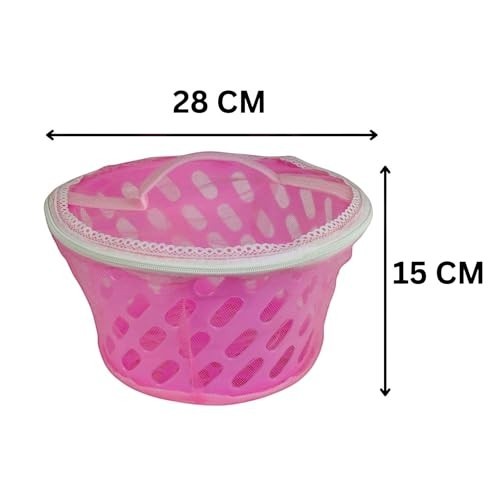 Go Hooked pink plastic storage basket with net zip cover, 28x15cm, breathable & insect-proof for kitchen, pantry, home