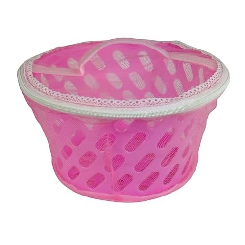Go Hooked pink plastic storage basket with zip net cover, breathable and insect-proof design for kitchen or home organization.