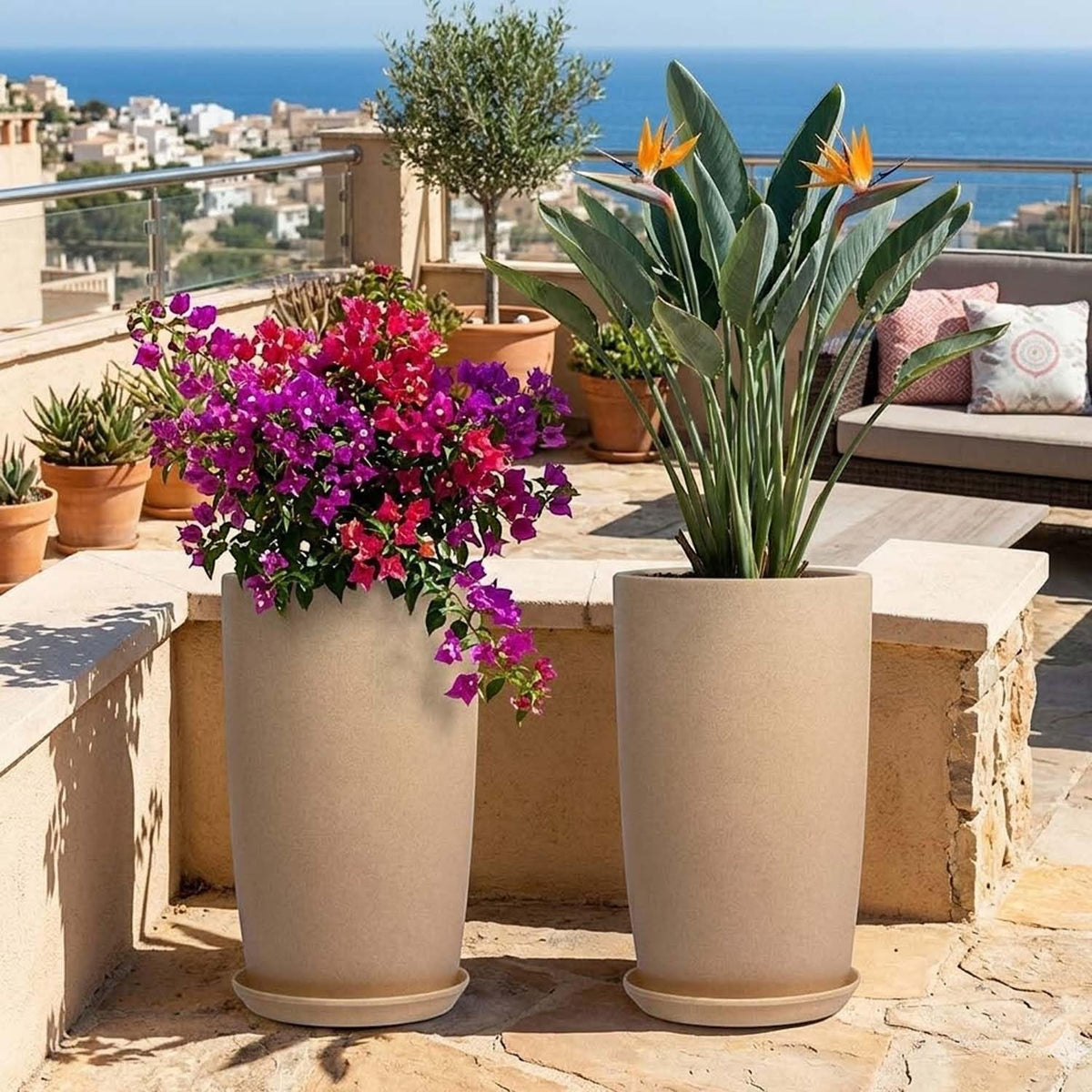 GoHooked pack of 5, 18-inch tall, lightweight, modern pink plastic tower planters with saucers, perfect for indoor/outdoor use.