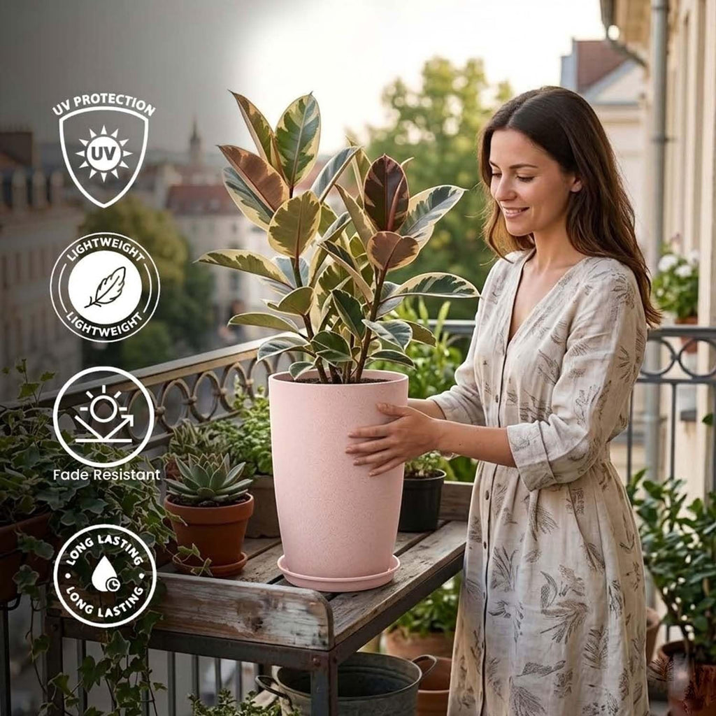GoHooked pink lightweight plastic tower pot with saucer tray, 18 inch, UV and fade resistant, for indoor/outdoor use.