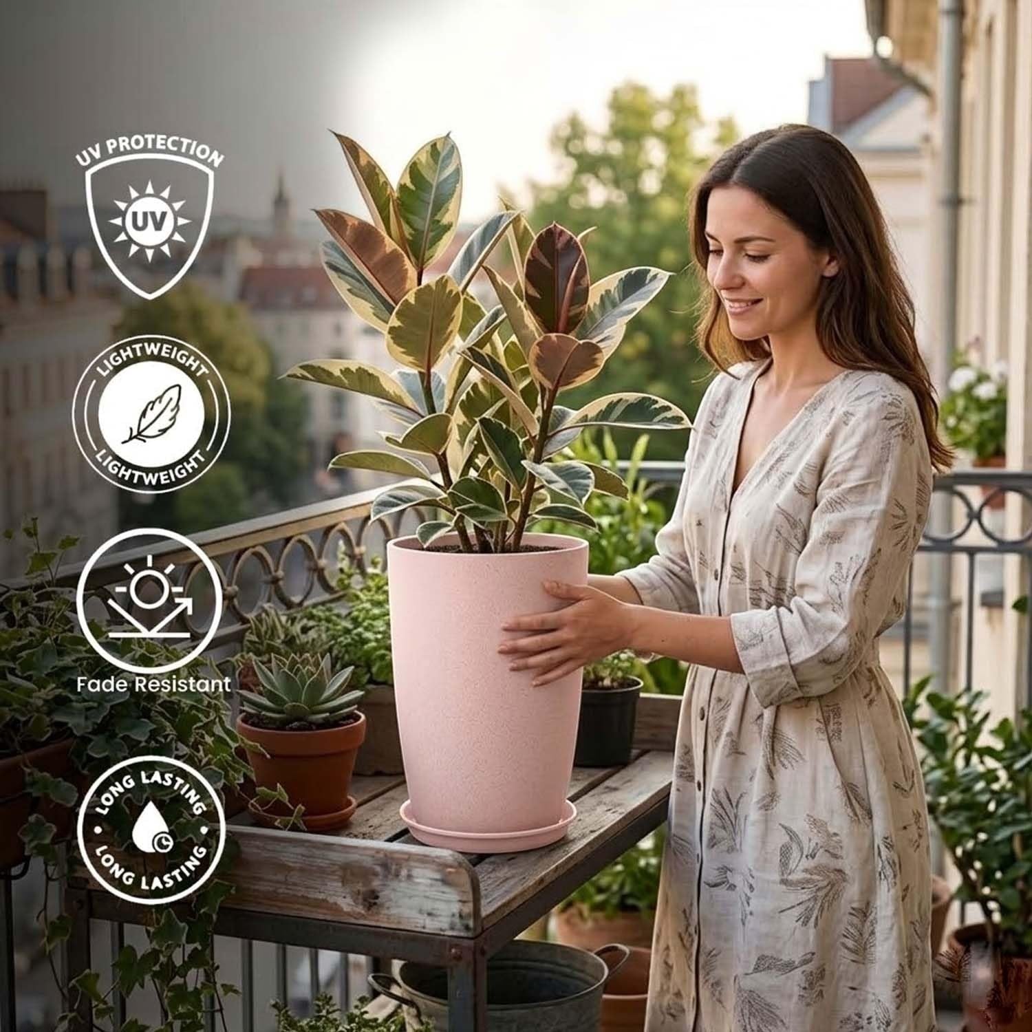 GoHooked pink lightweight plastic tower pot with saucer tray, 18 inches, UV and fade resistant for indoor/outdoor use.
