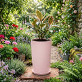Go Hooked pink lightweight plastic tower pot with saucer, 18 inches tall, perfect for indoor or outdoor gardens.