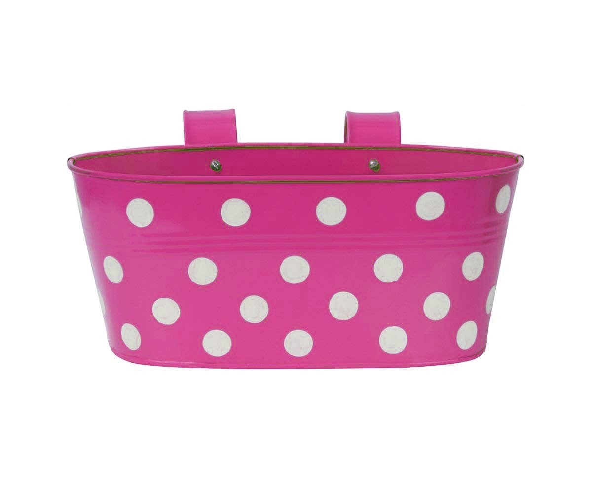 GoHooked pink metal oval hanging planter with white polka dots, 12 inch