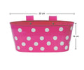GoHooked pink metal hanging planter with white polka dots, 12-inch oval shape, ideal for railings and balconies.