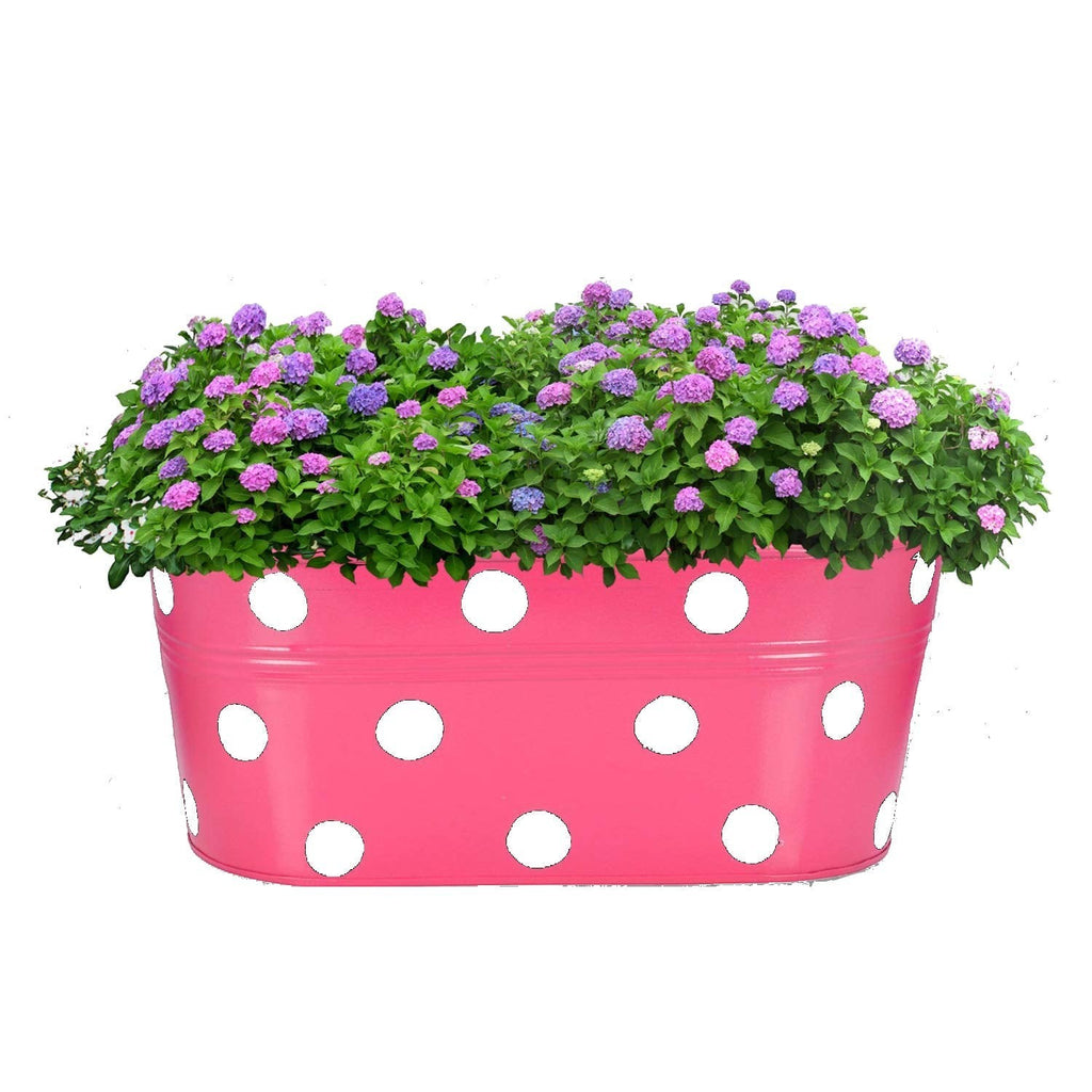 GoHooked pink metal hanging planter with white polka dots, 12 inch oval shape, filled with purple and pink hydrangeas.