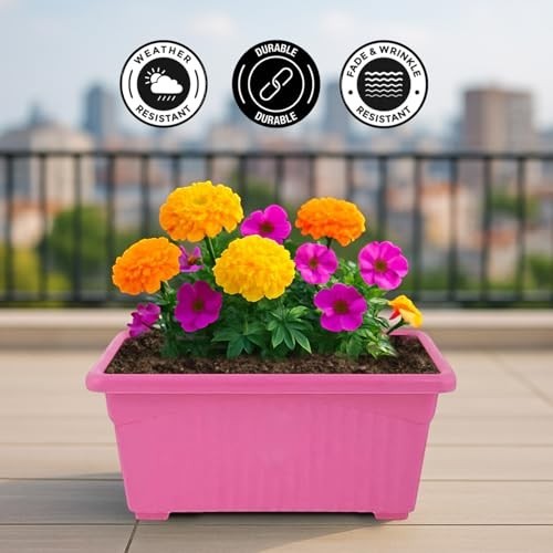 GoHooked pink rectangular plastic plant pot with yellow and orange flowers, 35cm, weather and fade resistant