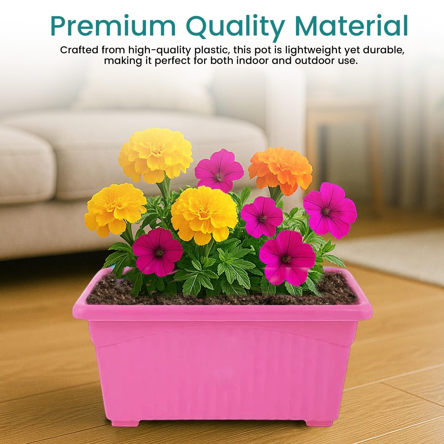 GoHooked pink rectangular plastic plant pot with yellow, pink, and orange flowers. Durable for indoor/outdoor use.