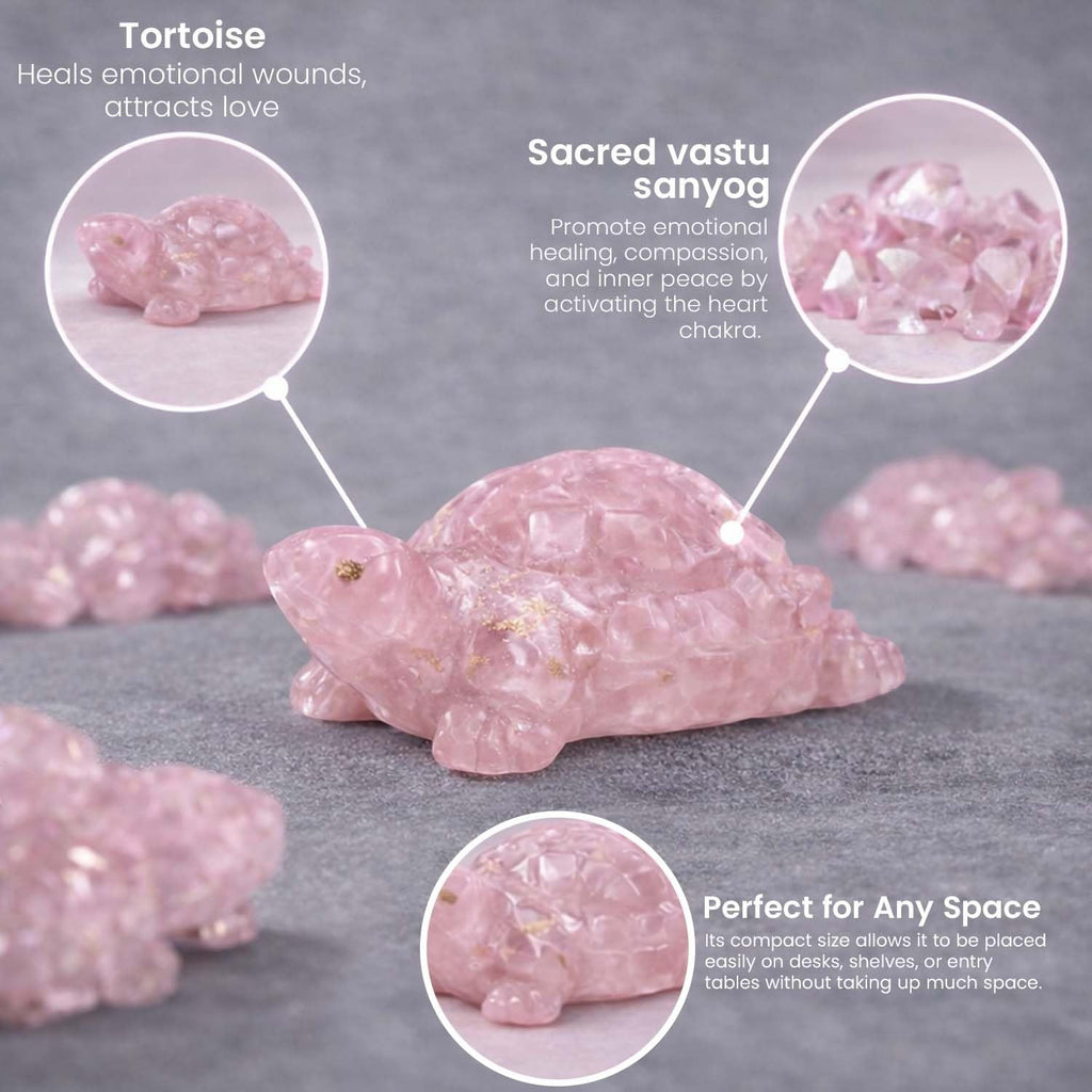 Go Hooked pink rose quartz crystal tortoise figurine for love, harmony, and emotional healing. Ideal for Feng Shui and Vastu.