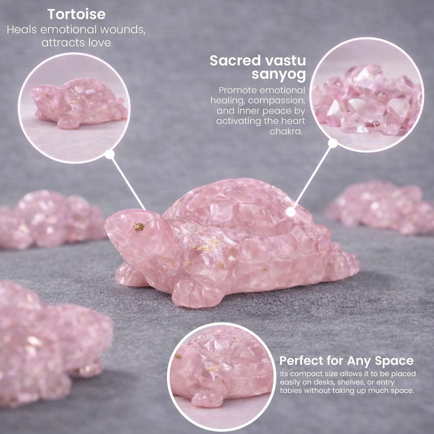 Go Hooked pink rose quartz crystal tortoise figurine for love, harmony, and emotional healing. Ideal for Feng Shui and Vastu.
