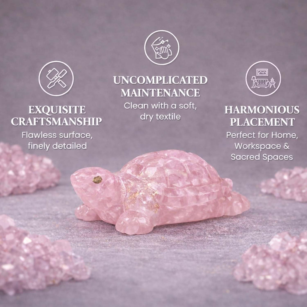 Go Hooked pink rose quartz crystal tortoise figurine for love and emotional healing. Detailed carving.