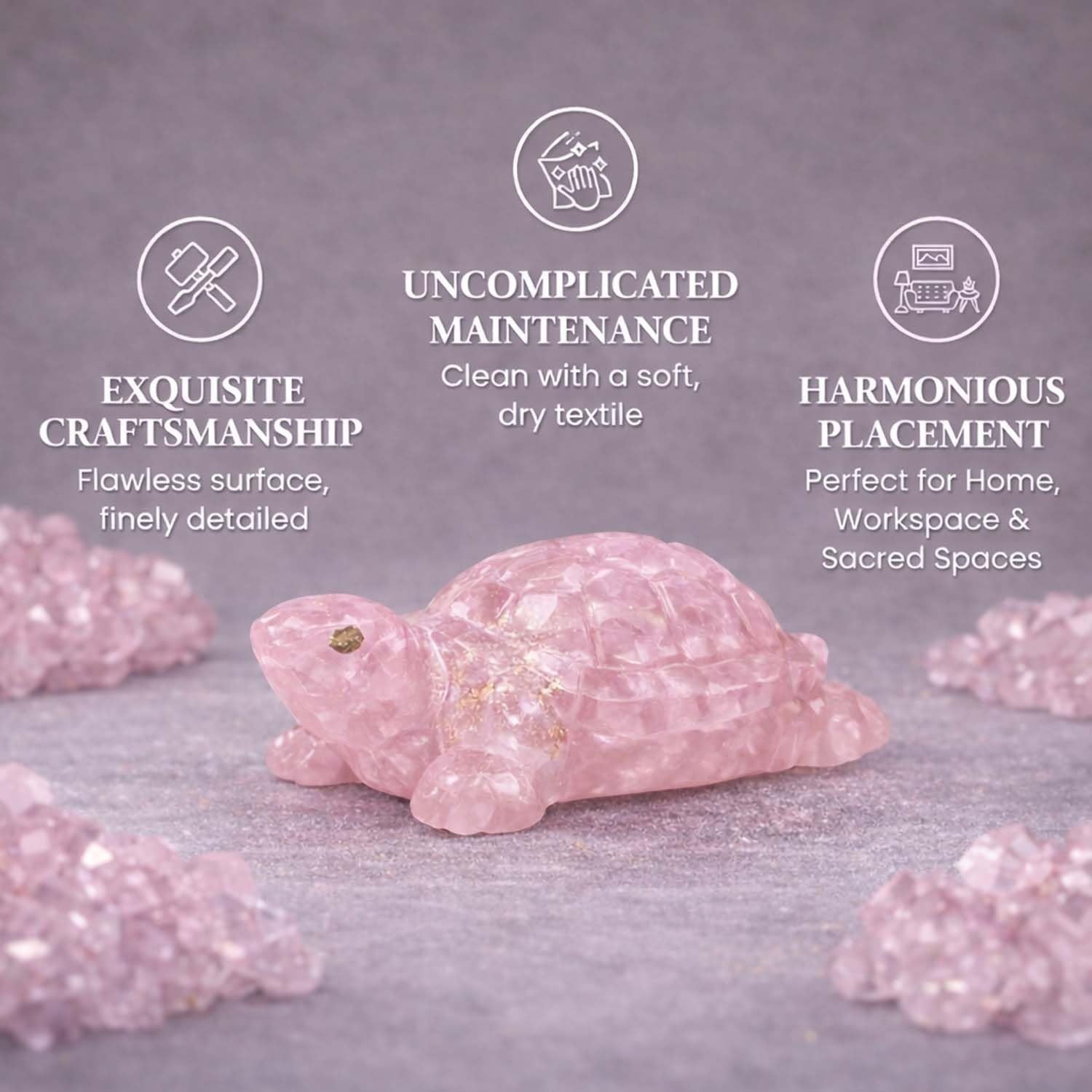 Go Hooked pink rose quartz crystal tortoise figurine for love and emotional healing. Detailed carving.